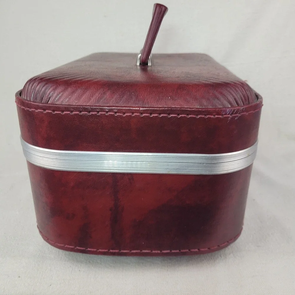 Vintage Burgundy Faux Leather Train Case Vanity Makeup Box Mid Century Travel